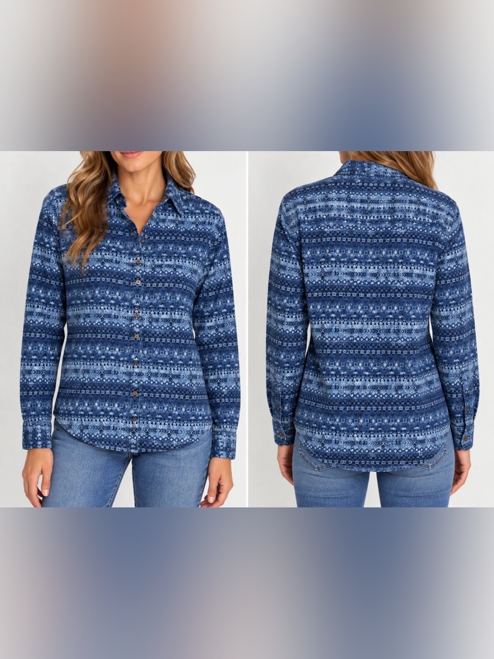 Vintage L.L.Bean Women’s Blue Geometric Print Cotton Button Down Shirt Medium